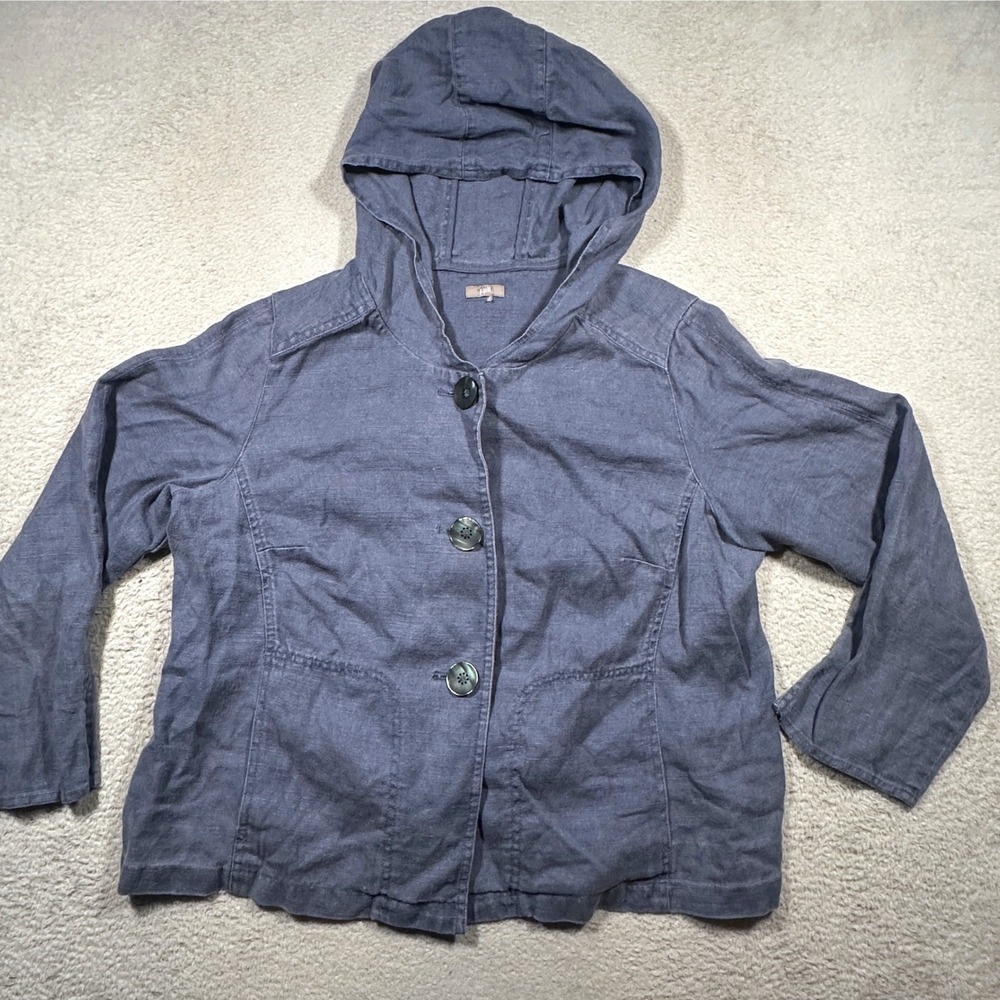 J. Jill 100% Hemp Jacket Women's 2X Blue Hooded Button Front Lagenlook Coastal
